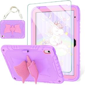 ACEMO for iPad 10th Generation Case 10.9 inch 2022 for Kids Girls with Screen Protector/Shoulder Strap/Pencil Holder/Kickstand Cute Rugged Protective Cover for iPad 10th Gen 2022 Purple