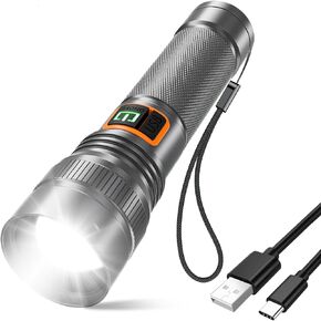Rechargeable Flashlights 10000 High Lumens, Super Bright Small Spotlight LED Flash Light Long Throw Pocket Tactical Flashlight Zoomable Waterproof for Camping, Home, Walking Dog(Battery Included)