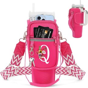 Initial Water Bottle Holder with Strap for Stanley 40 oz Tumbler,Water Bottle Carrier Bag with Phone Pocket for Stanley Cup,Neoprene Stanley Cup Accessories Holder with Adjustable Strap