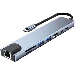 8 in1 USB C Hub to Adapter RJ45 100mbps Laptop Docking Station Splitter, for Multiport Adapter for MacBook pro SD TF RJ45 USB Extender Hub PD HDTV Aluminum