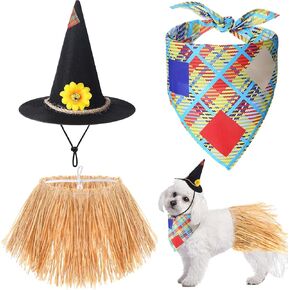 3 Pcs Dog Halloween Costume Set with Scarecrow Hat, Scarecrow Dog Bandana Puppy Bibs Scarf and Scarecrow Straw Dress Halloween Pet Cosplay Apparel Outfit for Dogs Puppy Cats
