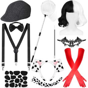 14 Pcs Halloween Dalmatian Costume Set Dog Catcher Costume Kit Women's Dalmatian Accessories Dog Headband Tail for Adult Couple Halloween Cosplay Party