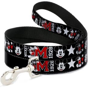 Buckle-Down Dog Leash Classic Mickey Mouse 1928 Collage Black White Red 6 Feet Long 1.0 Inch Wide, Multicolor (DL-6FT-WDY159)