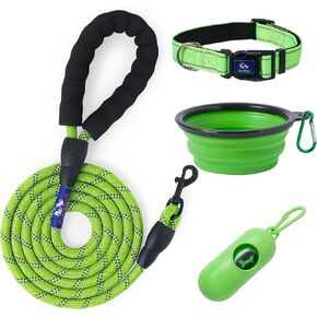 5ft Dog Leash, Dog Collars, Poop Bag Dispenser, & Collapsible Dog Bowls. Rope Leash for Small Dogs, with Heavy Duty Nylon Rope. (Small Pink)
