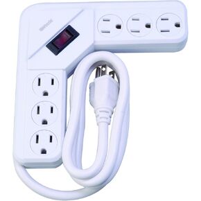 Woods 41378 L-Shaped Power Strip with 6 Outlets; Overload Safety Feature; 4 Foot Cord; White