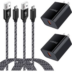 18W QC3.0 Fast Wall Charger Plug for Android Phone Fast Charging for Fire Tablet, Kindle, Samsung Galaxy J3 J5 J7 J8 S7 S6, PS4 Xbox LG K40 K20, Moto E4 E5 E6, Micro USB Charger Cable Cord 6FT 2Pack