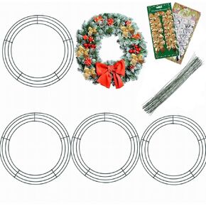 4 Pieces Christmas Wire Wreath Frame(16Inch), ENLAYER Metal Wreath Frame Dark Green Wire Round Wreath with 12 Golden Bow Tie,12 Silver Bow Tie, 100 Lengths of 5.9-Inch Gauge Paddle Wire for Crafts