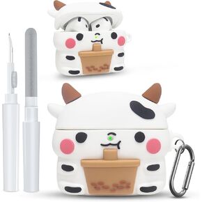 Headphone Case for AirPods 4 Case with Cleaner Kit, Soft Silicone Protective Cover with Keychain, Shockproof Protective Case for Kids Women Girls, Compatible with AirPods 4th Case 2024, White Cow
