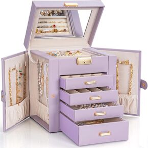 AKOZLIN 6-Tier Jewelry Box Lockable Leather Jewelry Storage Case with 5 Drawers for Women Girls Ring Necklace Earring Bracelet Holder Organizer with Mirror