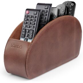 Londo Remote Control Holder with 5 Pockets - Store DVD, Blu-Ray, TV, Roku or Apple TV Remotes - Real Leather with Suede Lining - Slim, Compact Living or Bedroom Storage