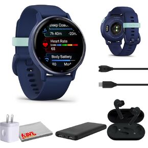 Garmin Vivoactive 5, Health and Fitness GPS Smartwatch for Women and Men, Metallic Navy Bezel w/Navy Case and Silicone Band, 11 Days Battery Life, 1.2" AMOLED Touchscreen Display (Bundle)