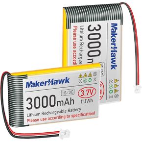 MakerHawk 3.7V 3000mAh LiPo Battery Rechargeable 1S 3C Lithium Polymer Battery with Protection Board Insulated Rubber Tape, Micro JST 1.25 Plug for Arduino NodeMCU ESP32 Development Board (4 Pack)