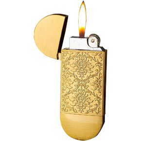 Portable Soft Flame Lighter Vintage Relief Grinding Wheel Butane Lighter Round Head Traditional Lighter with Flame Dial for All Cigar Lovers (Golden Flower)