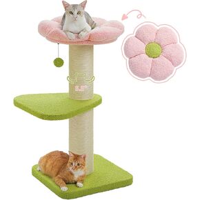 PEQULTI 36'' Cat Tree, XL Cat Scratching Post for Large Cats, Cute Cat Tower with Super Thick Scratching Post [Dia=5.5''], Removable Flower Cat Bed, Tall Cat Scratcher for Indoor Cats, Pink