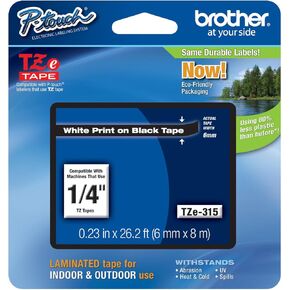 Genuine Brother 1/4" (6mm) White on Black TZe P-Touch Tape for Brother PT-2730, PT2730 Label Maker