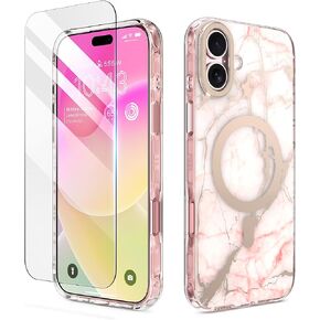 MATEPROX Magnetic Marble Compatible with iPhone 16 Pro Max Case 6.9'' [2024],Stylish 3D Pattern Protective Phone Cases [Compatible with MagSafe] with Screen Protector Lanyard-Frosted Pink