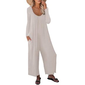 Women’s Casual Jumpsuits One Piece Loose Stretchy Long Sleeve Fall Jumpsuit Wide Leg Long Pants Rompers with Pockets
