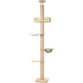 Wooden Floor-to-Ceiling Cat Tree Tower for Kittens＆Large Cats with Sisal Rope Scratching Posts, Ajustable Height 92.5-108 Inches, DIY Modern Cat Tree Tower，Tall Cat Tree Climbing Pole (Deluxe Style 1)