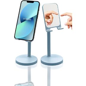 KN FLAX Cell Phone Stand with Mirror Mobile Phone and iPad Holder for Desk with Adjustable View Angle & Height, Handsfree Smart Phone Cradle, Dock for Office Kitchen Traveling Accessories - Blue