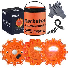 6 Pack Rechargeable LED Emergency Flare Car Kit With 9 Blinking Modes,Waterproof Roadside Safety Flare Discs For Car & Truck Magnetic&Hook In The Back