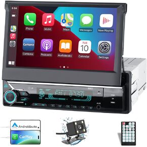 Single Din Car Radio with Carplay ＆ Android Auto,7 Inch Manual Flip Out Screen Car Stereo with Bluetooth,Mirror Link,Backup Camera,Support FM/AUX