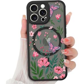 BITOBE Floral Case for iPhone 15, Translucent Magnetic Flower Pattern Design Case for Women Girls [Compatible with MagSafe] Soft TPU Bumper Lens Protection Cute Slim Cover - Black Rose