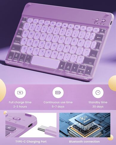 حافظة INFILAND لجهاز iPad الجيل التاسع مع لوحة مفاتيح 10.2 بوصة iPad 9th/8th/7th Gen، غطاء فوليو مع حامل قلم رصاص، إضاءة خلفية 7 ألوان، حافظة لوحة مفاتيح لاسلكية قابلة للفصل لجهاز Apple iPad، بنفسجي in Kuwait