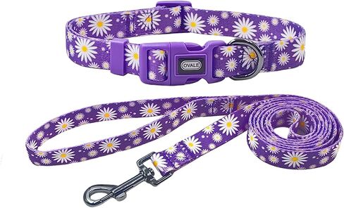 Ovale Dog Collar Leash Combo Set, Adjustable Collar and 5 ft Matching Leash, for Medium Dogs.(M, Light Pink Daisy) in Saudi Arabia