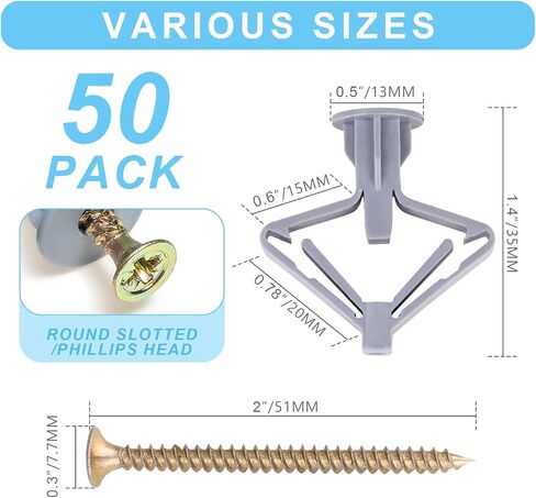 Hollow-Wall Anchors, One Size, 65Lbs Anchor 50pcs+Screw 50pcs Drywall Anchor kit with Screws, Self-Drilling Hollow Wall Anchor, White in Kuwait