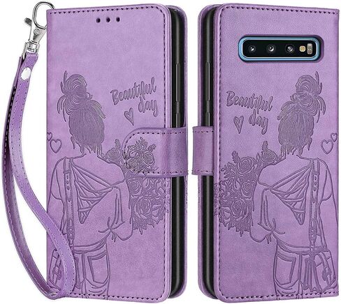 مصمم لمحفظة Samsung Galaxy S10، غطاء قابل للطي للسيدات مع حامل من جلد البولي يوريثان المنقوش وفتحات لبطاقات الائتمان وحزام المعصم لهاتف Samsung S10 6.1 بوصة (فتاة أرجوانية) in Saudi Arabia
