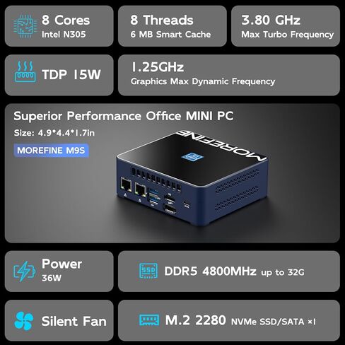 MOREFINE M9S Mini PC,12th Gen Alder Lake N305 (Up to 3.8GHz), Mini Desktop Computers with 16GB DDR5 RAM 1TB M.2 NVMe SSD, Mini Computers Support 4K Triple Display/WiFi 6/BT 5.2 for Home and Office in Saudi Arabia