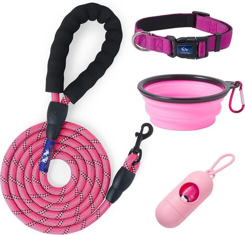 5ft Dog Leash, Dog Collars, Poop Bag Dispenser, & Collapsible Dog Bowls. Rope Leash for Small Dogs, with Heavy Duty Nylon Rope. (Small Pink) in Saudi Arabia