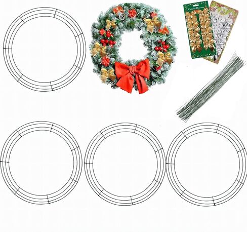 4 Pieces Christmas Wire Wreath Frame(16Inch), ENLAYER Metal Wreath Frame Dark Green Wire Round Wreath with 12 Golden Bow Tie,12 Silver Bow Tie, 100 Lengths of 5.9-Inch Gauge Paddle Wire for Crafts in Saudi Arabia