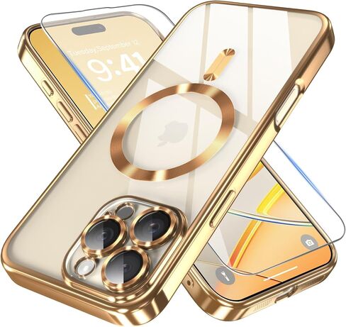 LOVOUS for iPhone 16 Pro Max Case with MagSafe, Full Camera Lens Protector, Military Grade Drop Protection, Glitter Clear Cute Phone Cover Stylish Durable TPU Magnetic Case for Women Girls, Gold in Saudi Arabia