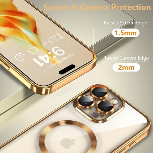 LOVOUS for iPhone 16 Pro Max Case with MagSafe, Full Camera Lens Protector, Military Grade Drop Protection, Glitter Clear Cute Phone Cover Stylish Durable TPU Magnetic Case for Women Girls, Gold in Saudi Arabia