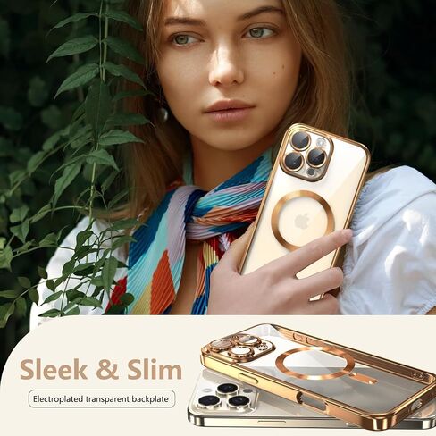 LOVOUS for iPhone 16 Pro Max Case with MagSafe, Full Camera Lens Protector, Military Grade Drop Protection, Glitter Clear Cute Phone Cover Stylish Durable TPU Magnetic Case for Women Girls, Gold in Saudi Arabia