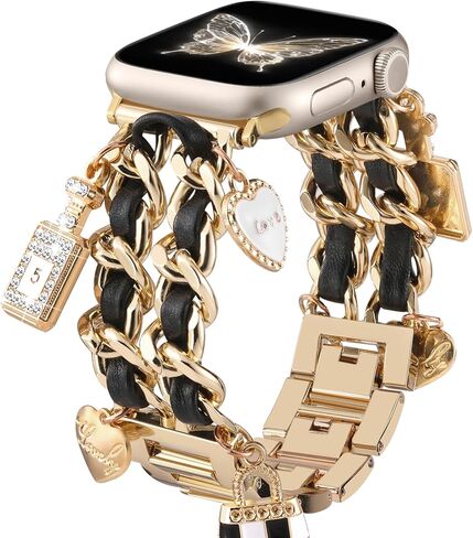Stylish Metal Band Compatible with Apple Watch Bands for Women 40mm 38mm 41mm 44mm 42mm 45mm 46mm,Pretty Chain Strap with Apple Watch Accessories Charms for iWatch Bands Series 10 9 8 7 6 5 4 3 2 1 SE in Saudi Arabia