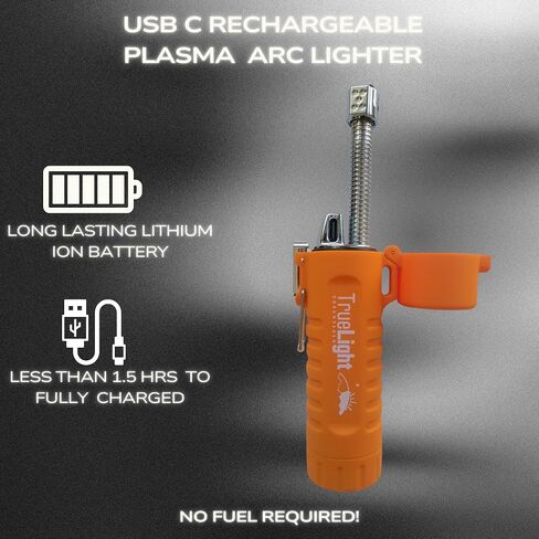 ولاعة بلازما كهربائية قابلة لإعادة الشحن من TrueLightEssentials - ولاعات قوس USB مقاومة للماء مع مؤشر بطارية LED بمصباح يدوي ورقبة مرنة للشموع والبقاء على قيد الحياة والتخييم في حالات الطوارئ (برتقالي، طويل) in Saudi Arabia