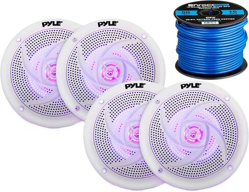 4X Pyle Marine مقاس 5.25 بوصة ثنائي الاتجاه مقاوم للماء باللون الأبيض LED ومكبرات صوت رفيعة المستوى، سلك مكبر صوت معلب مقاس 16 بوصة بطول 50 قدمًا in Saudi Arabia