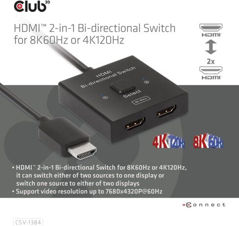 محول HDMI Club 3D CSV-1384 مخرج 2 في 1 ثنائي الاتجاه لـ 8K60 هرتز أو 4K120 هرتز - يدعم تمرير HDR وHDCP - 0.5 متر / 1.64 قدم in Kuwait