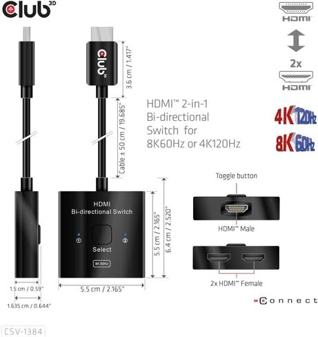 محول HDMI Club 3D CSV-1384 مخرج 2 في 1 ثنائي الاتجاه لـ 8K60 هرتز أو 4K120 هرتز - يدعم تمرير HDR وHDCP - 0.5 متر / 1.64 قدم in Kuwait