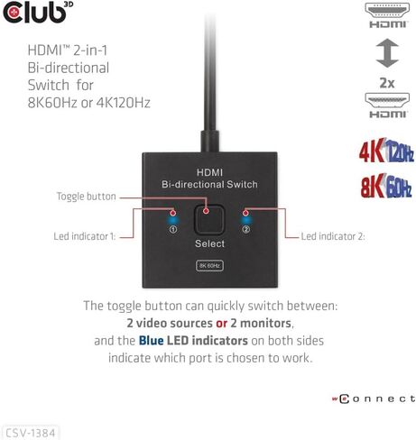 محول HDMI Club 3D CSV-1384 مخرج 2 في 1 ثنائي الاتجاه لـ 8K60 هرتز أو 4K120 هرتز - يدعم تمرير HDR وHDCP - 0.5 متر / 1.64 قدم in Kuwait