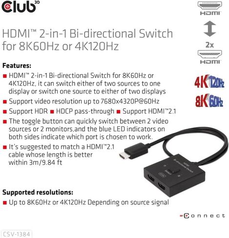 محول HDMI Club 3D CSV-1384 مخرج 2 في 1 ثنائي الاتجاه لـ 8K60 هرتز أو 4K120 هرتز - يدعم تمرير HDR وHDCP - 0.5 متر / 1.64 قدم in Kuwait