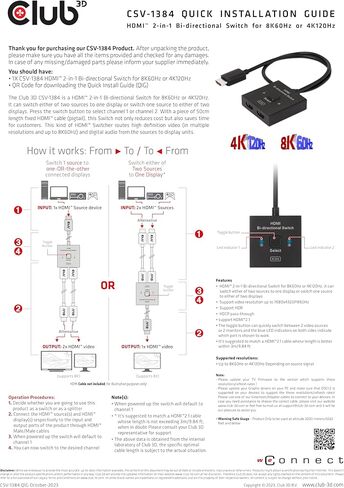 محول HDMI Club 3D CSV-1384 مخرج 2 في 1 ثنائي الاتجاه لـ 8K60 هرتز أو 4K120 هرتز - يدعم تمرير HDR وHDCP - 0.5 متر / 1.64 قدم in Kuwait