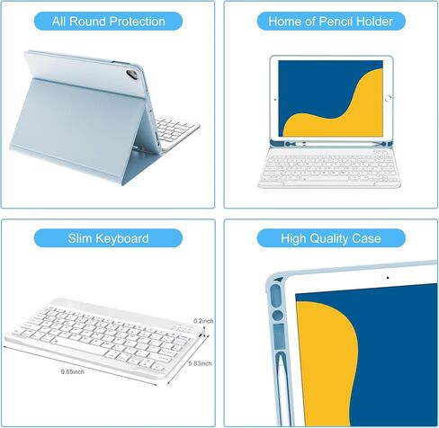 Keyboard Case for iPad 6th Generation 2018, 5th (2017), iPad Air 2/Air, iPad 9.7 inch, Slim Folio Cover with Pencil Holder, Detachable Wireless Bluetooth Keyboard, QWERTY Layput, Auto Sleep/Wake Blue in Saudi Arabia
