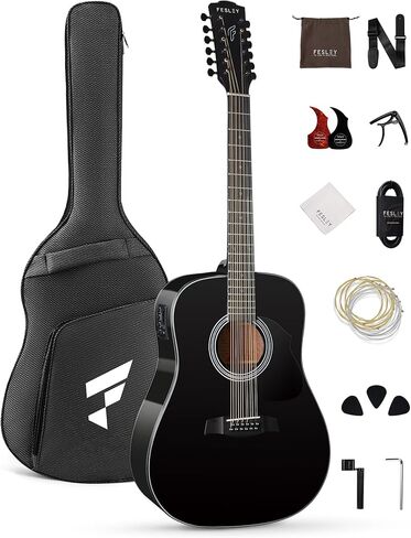Fesley 12 String Guitar, 42" Full Size Acoustic Electric Guitars for Beginners Adults, Spruce Top Guitarra Acustica, Guitar Bundle with Gig Bag, Picks, Strings, Strap, Black in Saudi Arabia