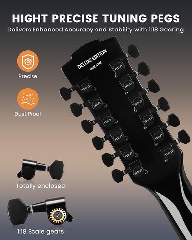 Fesley 12 String Guitar, 42" Full Size Acoustic Electric Guitars for Beginners Adults, Spruce Top Guitarra Acustica, Guitar Bundle with Gig Bag, Picks, Strings, Strap, Black in Saudi Arabia