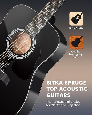Fesley 12 String Guitar, 42" Full Size Acoustic Electric Guitars for Beginners Adults, Spruce Top Guitarra Acustica, Guitar Bundle with Gig Bag, Picks, Strings, Strap, Black in Saudi Arabia