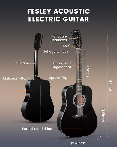 Fesley 12 String Guitar, 42" Full Size Acoustic Electric Guitars for Beginners Adults, Spruce Top Guitarra Acustica, Guitar Bundle with Gig Bag, Picks, Strings, Strap, Black in Saudi Arabia