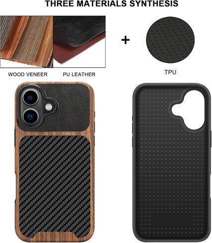 TENDLIN Compatible with iPhone 16 Pro Phone Case Wood Grain with Carbon Fiber Texture Design Leather Hybrid Slim Case (Black) in Saudi Arabia